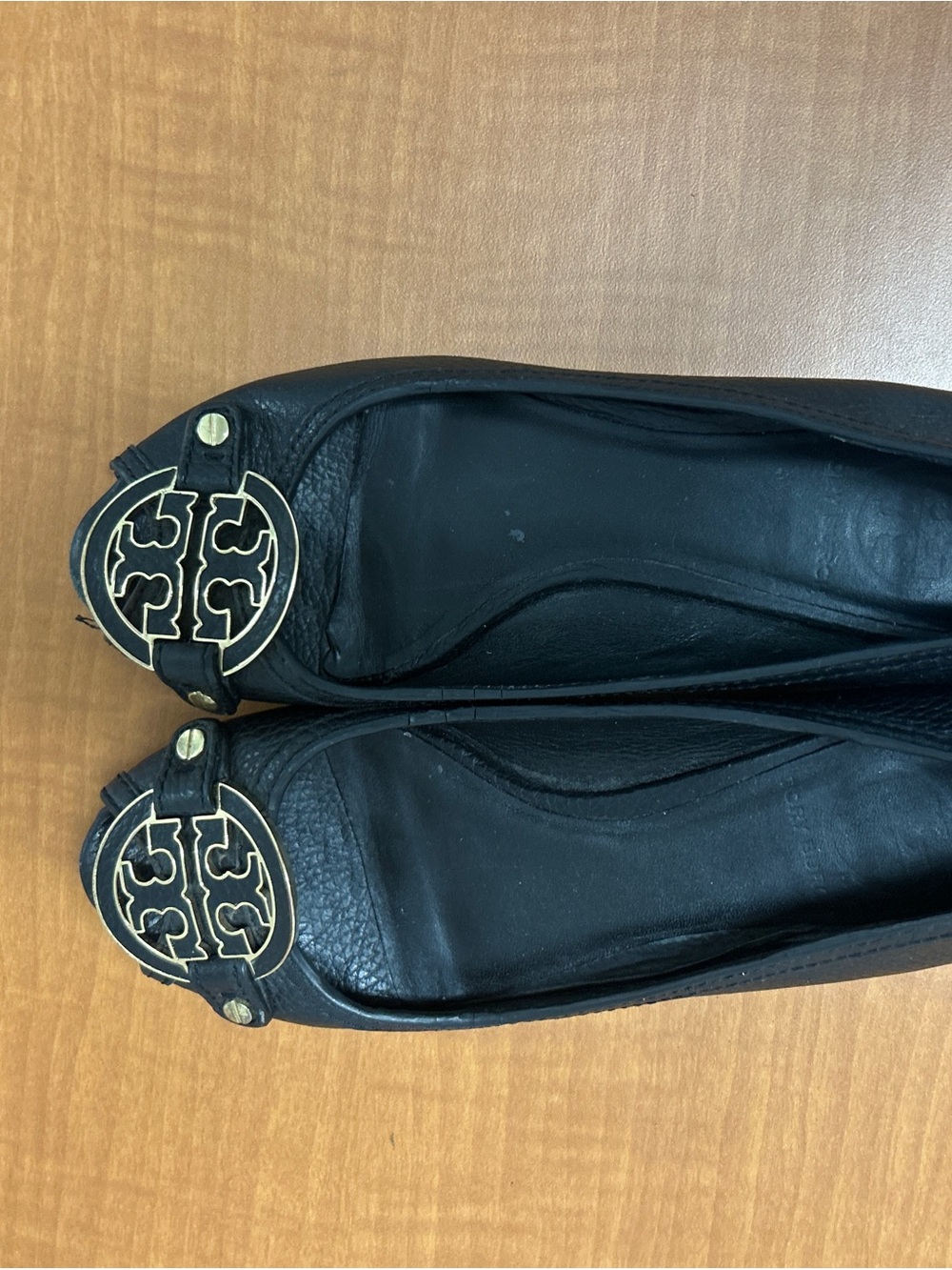 Tory Burch Black Leather Ballet Flats with Gold Logo